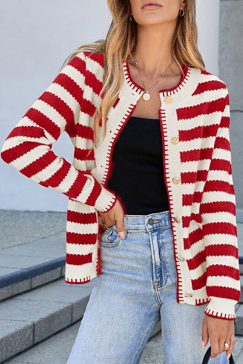Gold-Tone Button Stripe Pattern Crew Neck Long Sleeve Knit Cardigan Sweater